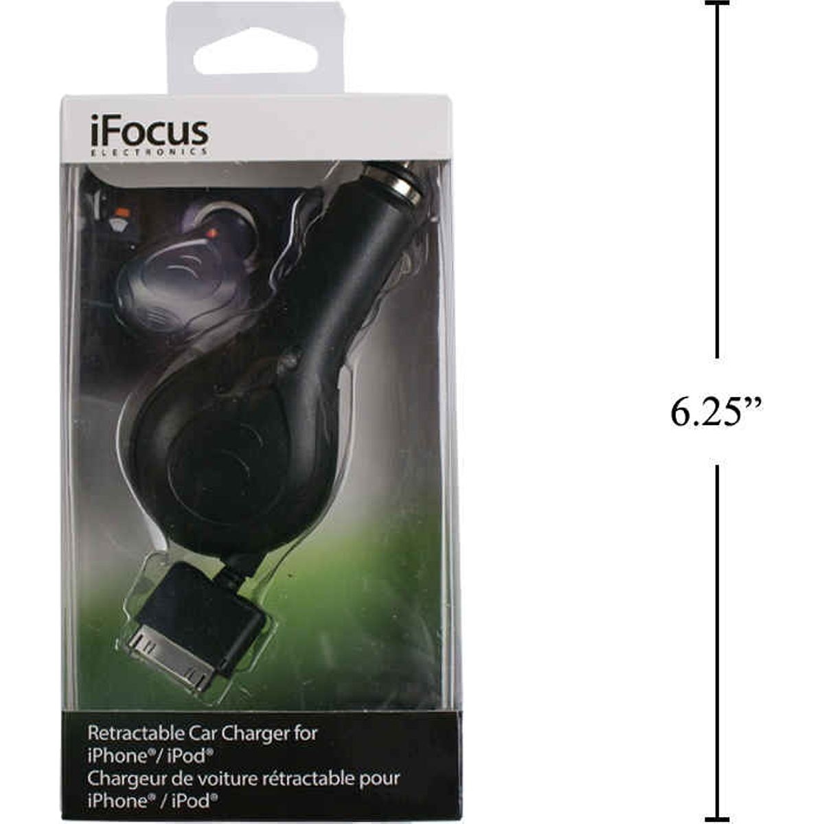 iFocus, cargador de coche retráctil para iPhone / iPod de 3 pies, caja de ventana
