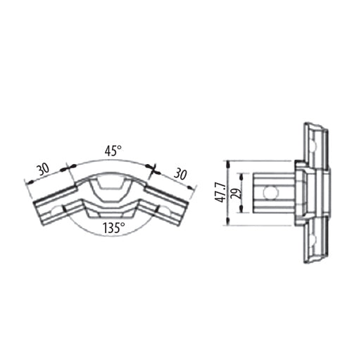 Esquinero de vitrina a 135°. Para sistema de perfiles. Cromado.