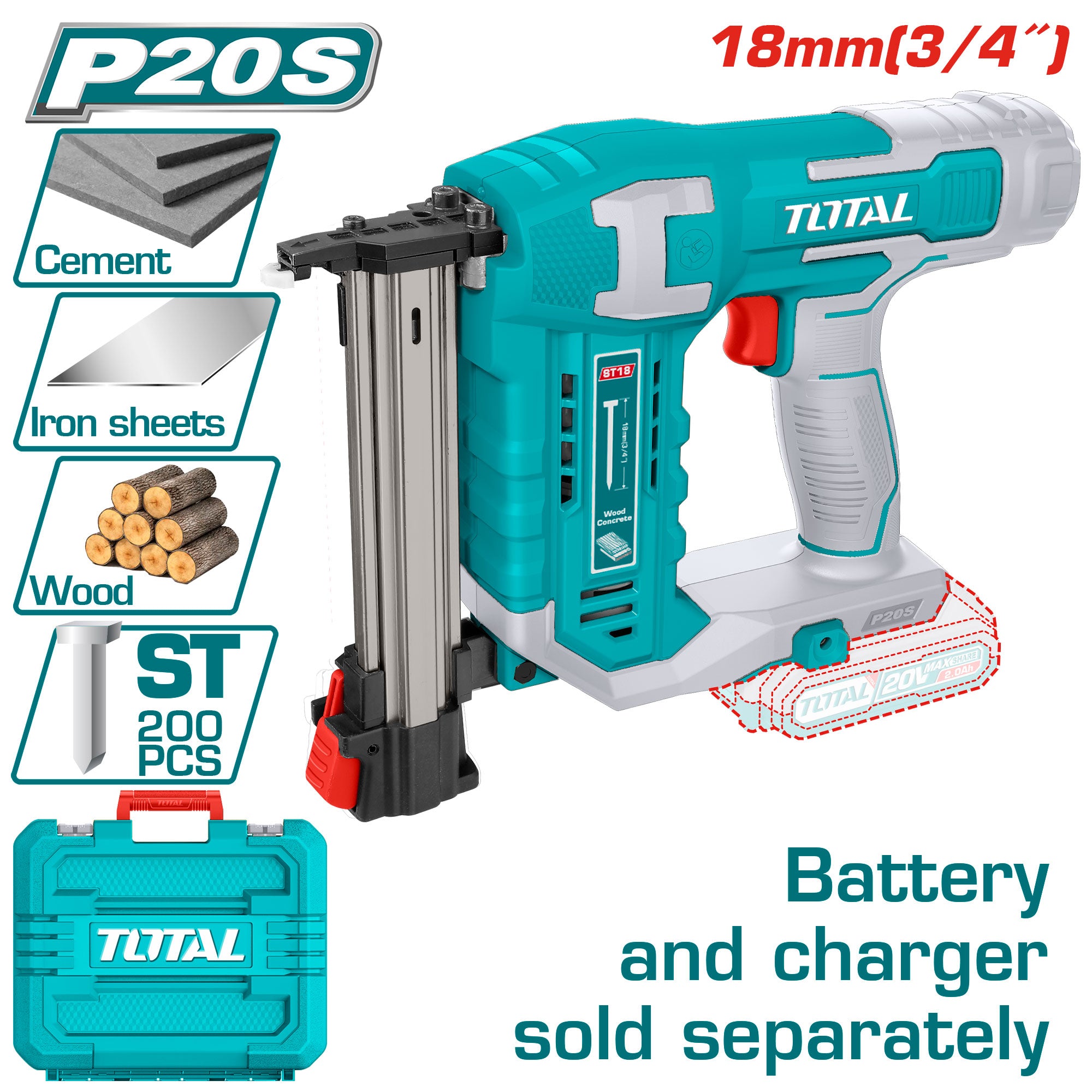 Clavadora concreto inalámbrica 20V  Clavos tipo ST 18mm Capacidad clavos: 65 piezas Bateria y Cargador por separado.  Pistola Clavadora Cemento