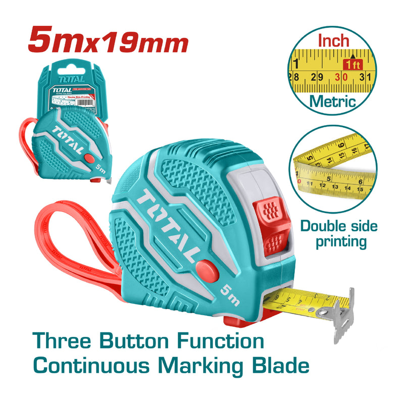 Cinta métrica de acero 5mx19mm Mide Metros y Pulgadas. Cubierta de goma. Con función de 3 botones.