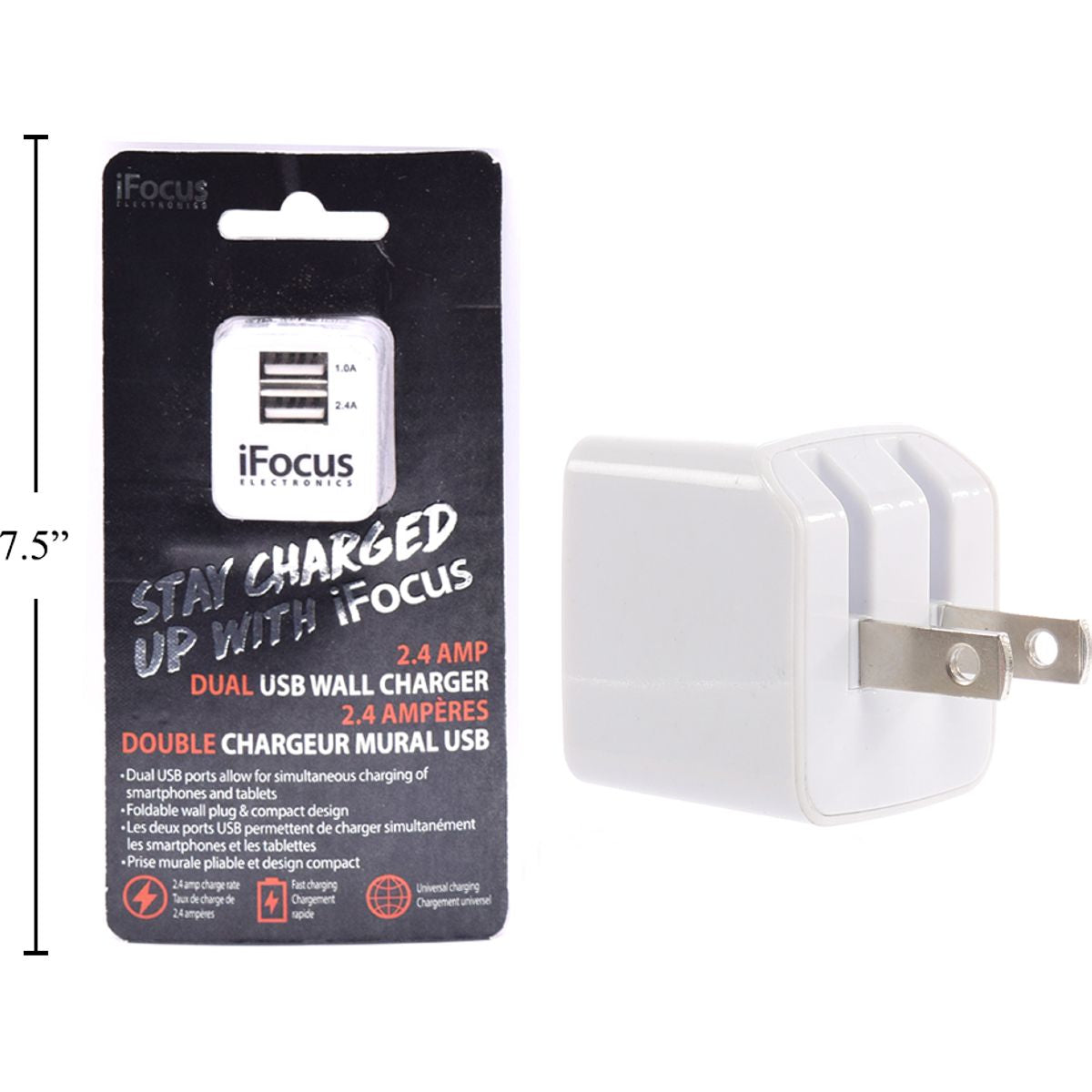 iFocus, cargador de pared USB de doble puerto, 5V / 2.4A, blanco, b / c