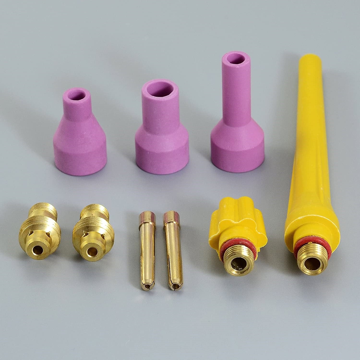 Boquillas ceramicas, garras, collet, back cap TIG para antorcha amarilla de maquinas rojas antiguas (Set de 9 pcs)