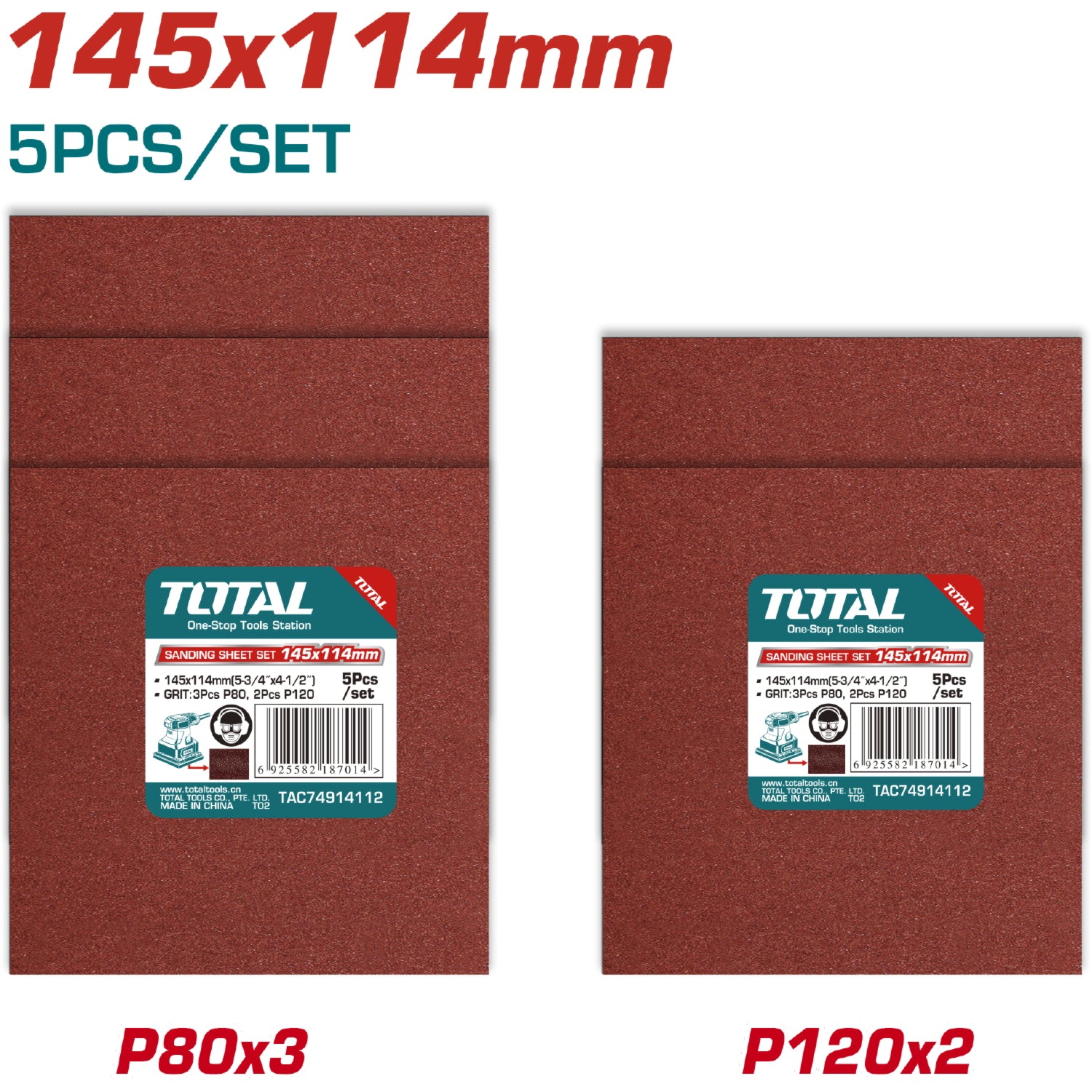 Hojas de Lija 145x114mm, P80(3) P120(2) Adecuado para UTF2231106 Set 5 piezas.