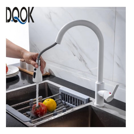 Grifo para Fregador de Cocina con manguera extraíble, Color Blanco.