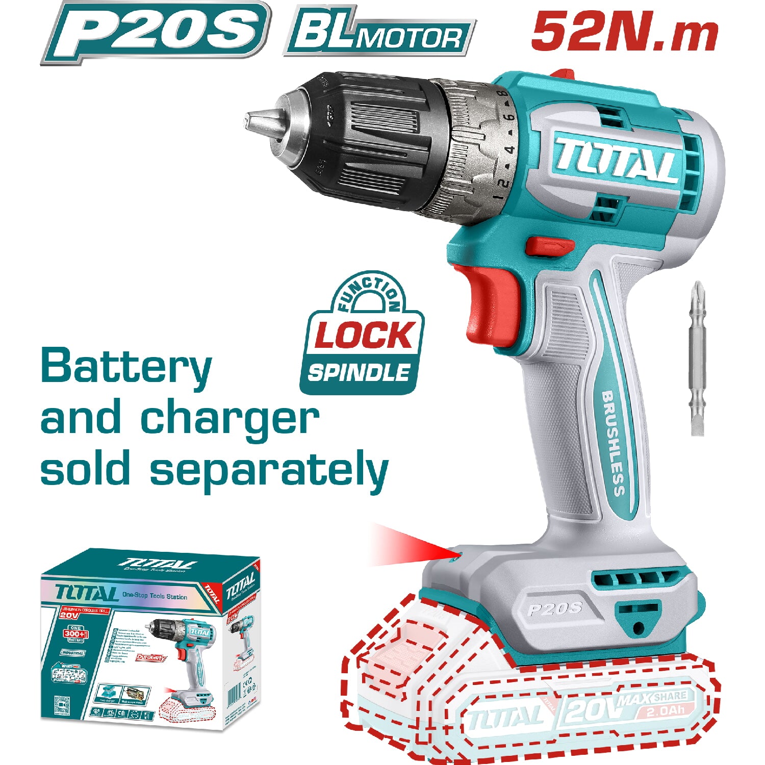 Drill Inalámbrico 20V 3/8" TOTAL 52Nm. Función bloqueo. Motor sin escobillas. Batería y cargador por separado