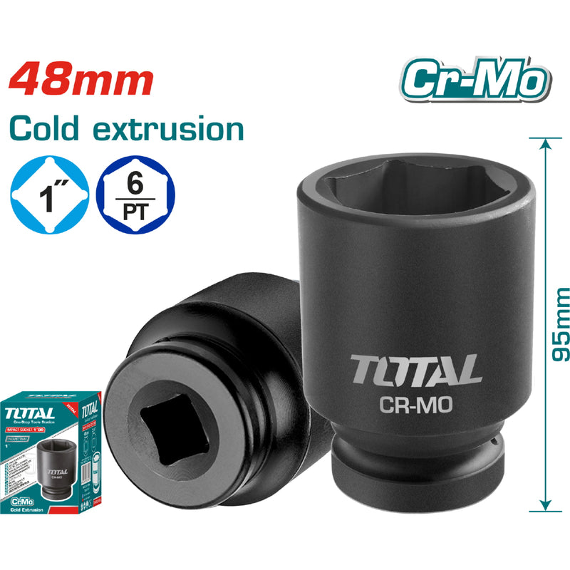 Socket de Impacto 1". Medida: 48 mm. Longitud: 95 mm. Material: CrMo. Extrusión en frío.
