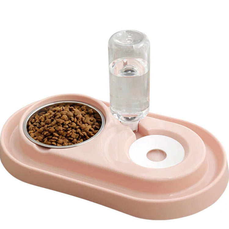 Tazán doble de agua y alimento para mascotas con base y soporte de plástico. Color Rosado