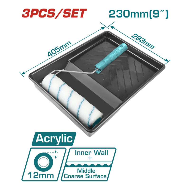 Rodillo para pintar 9" y bandeja para pintar 405x293mm. Pintura acrílica. Pared interna. Set 3 en 1.