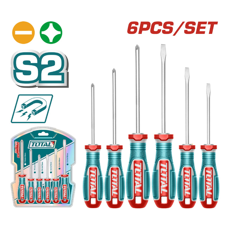 Destornilladores Punta Plana (SL5.5 SL6.5) y Punta Estrella (PH1 PH2) Magnético. Set 6 piezas.