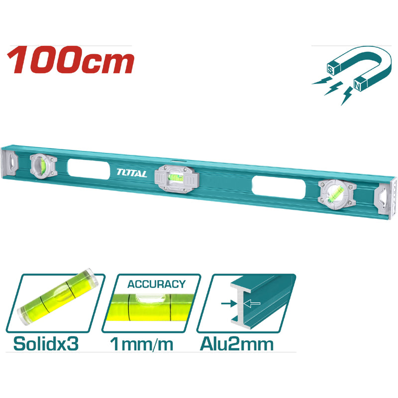 Nivel de Burbuja 100cm. Aluminio. Espesor: 2mm. Con imán.