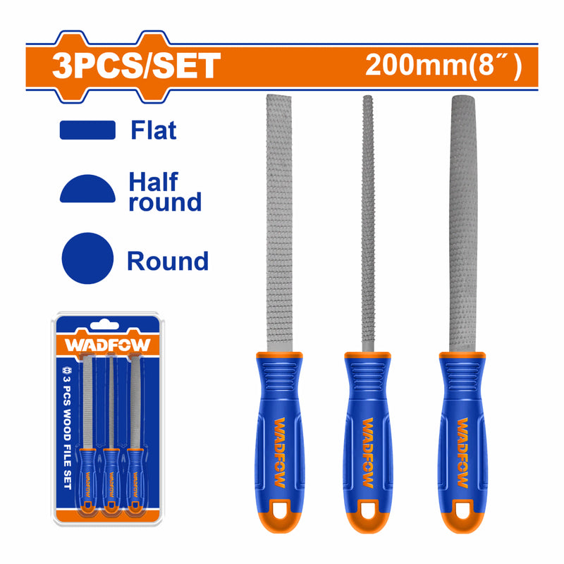 Limas para madera. Plana, redonda y media caña. Largo 8"mm. Acero T12. Set 3 pzas.