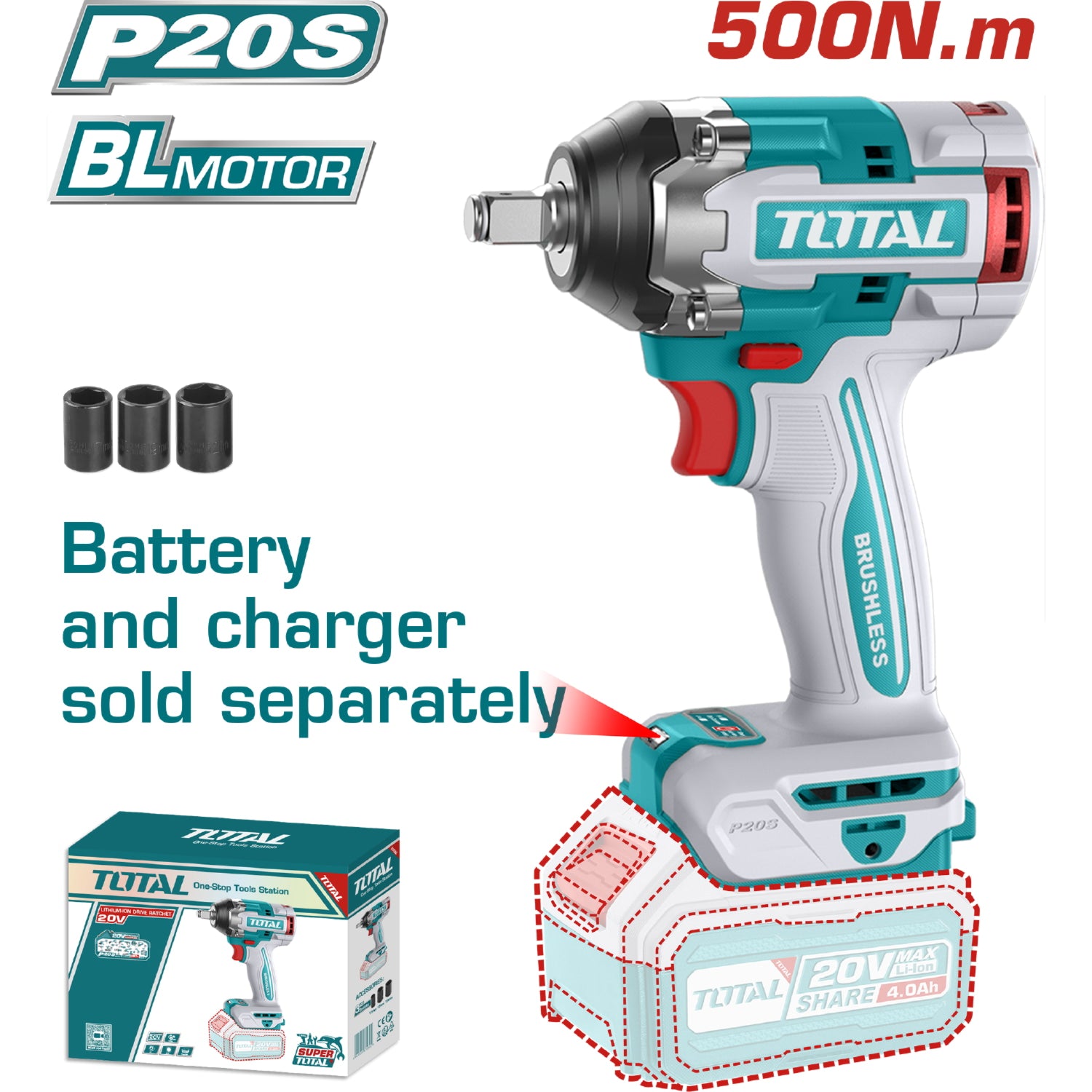 Llave Impacto dado cuadrado 20V 1/2" Motor sin escobillas. 500Nm No incluye batería ni cargador. Super Total.