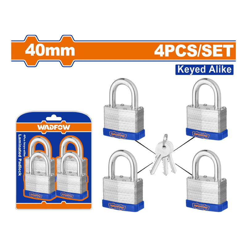 Candados laminados de 40mm con juego de llaves. Incluye 4 candados y un juego de 3 llaves único.