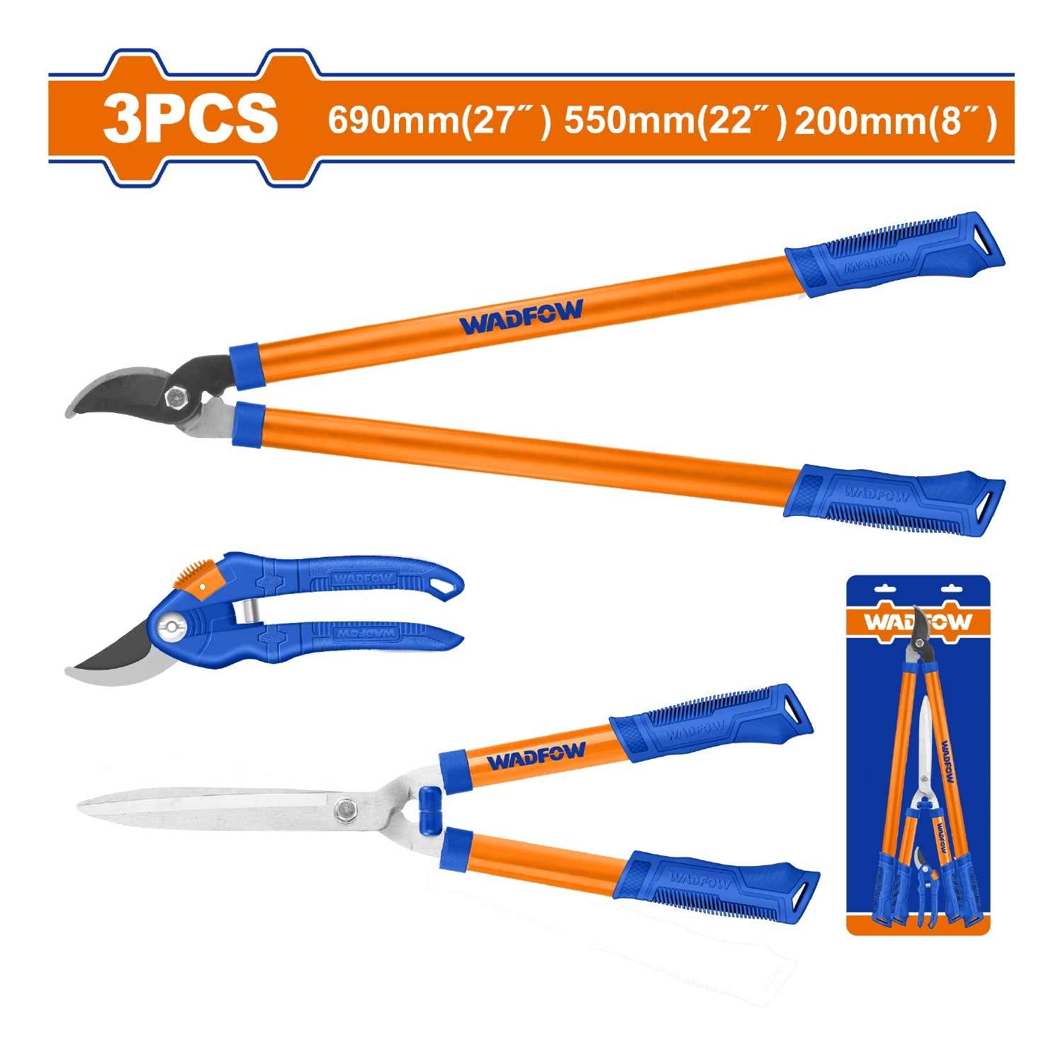 Tijeras de jardín variadas. Cuchillas tratadas térmicamente. Se vende en juego de 3 tijeras.