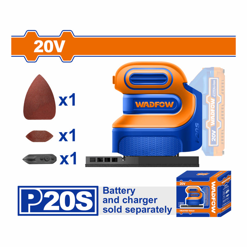 Lijadora delt orbital de Mano Inalámbrica 20V 12000rpm Incluye lijas y almohadillas. Batería y cargador por separado.