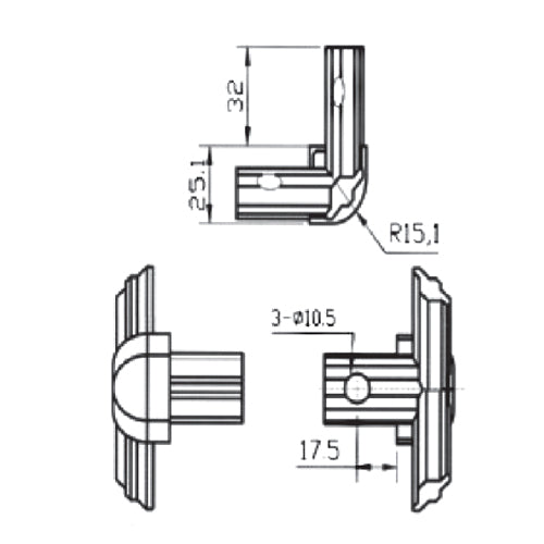 Esquinero de vitrina a 90° Para sistema de perfiles . Cromado.