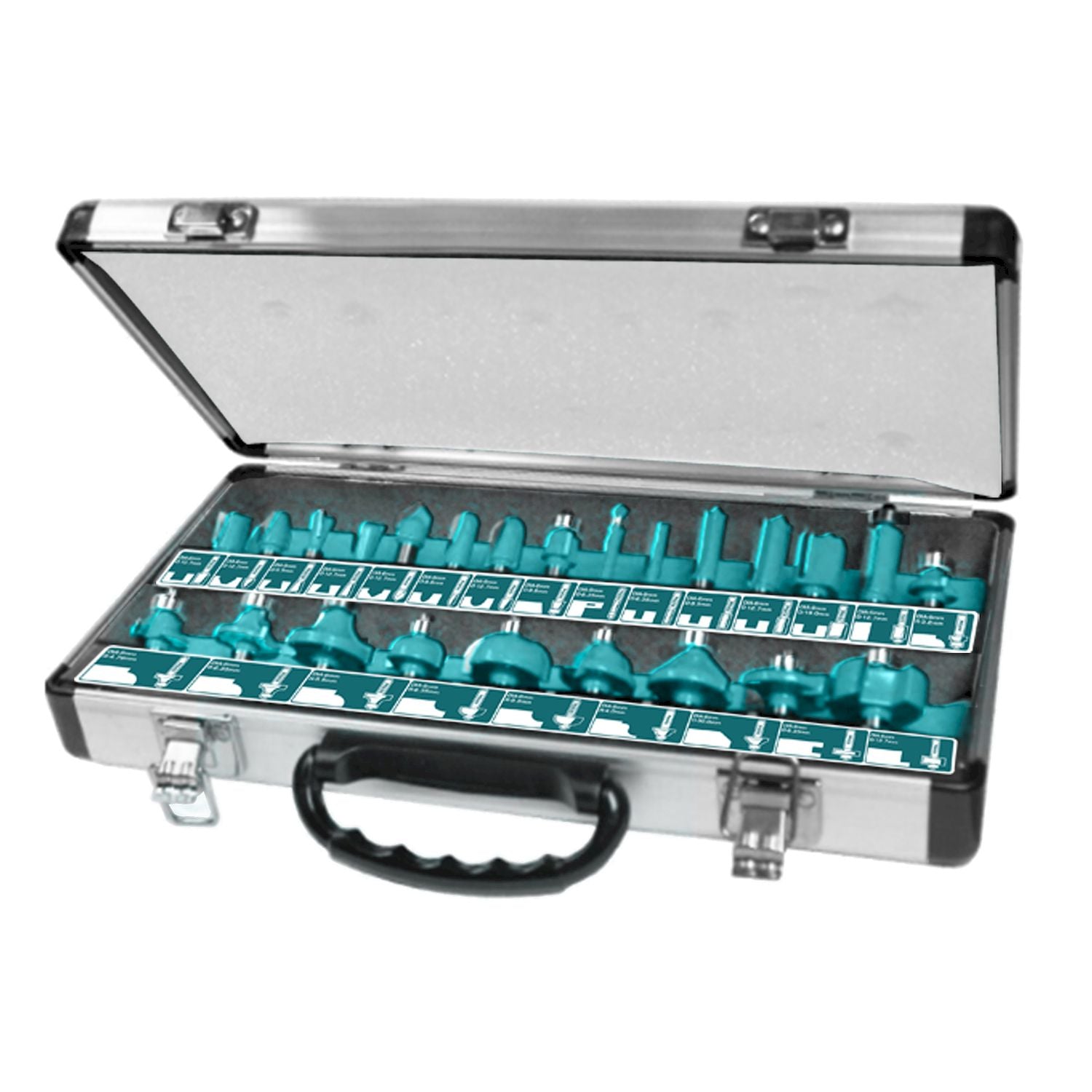 Puntas de router Juego de 24 piezas de  diámetro del mango: 12mm. Malétin de metal.