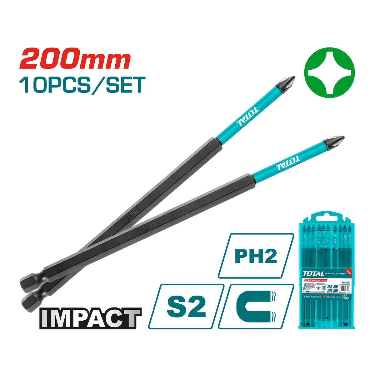 Puntas magnéticas de impacto largas , PH2 - 200mm, Acero S2, Negro. (10pzas).