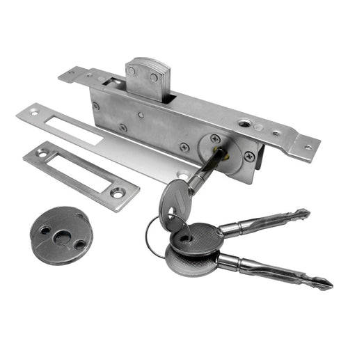 Cerradura de paleta para perfil angosto, con placa aluminio, 3 llaves de cruz.