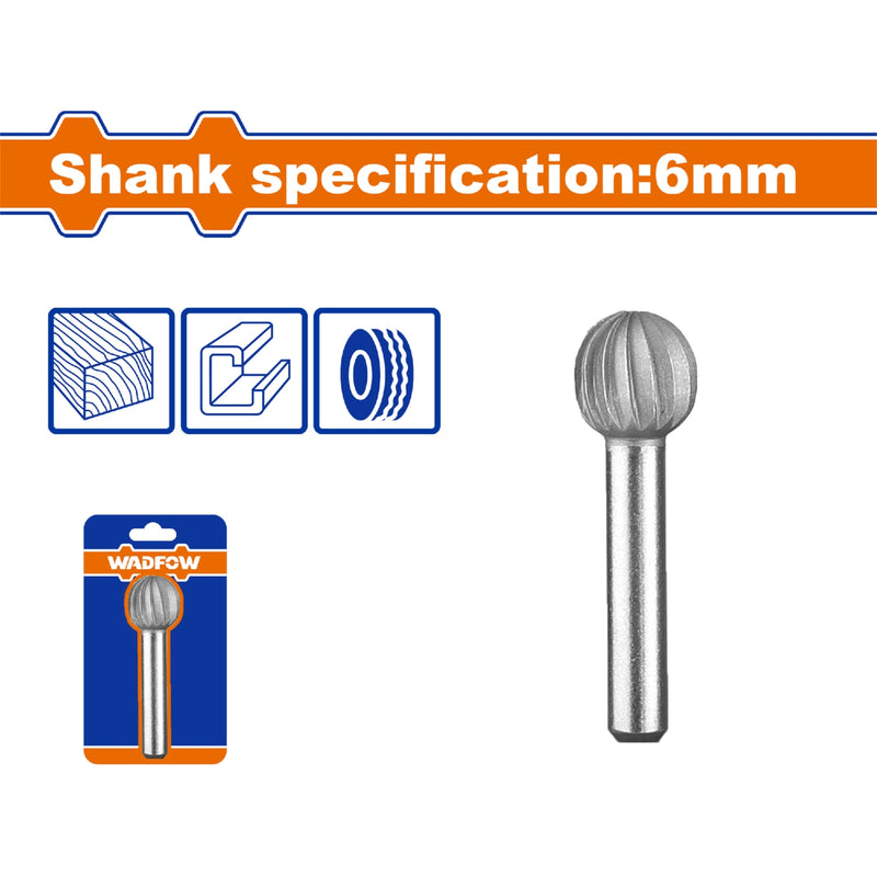 Fresa Lima Rotativa Esférica. Acero al Cromo. Vástago:6mm. Cabeza:13mm. Para motortool.