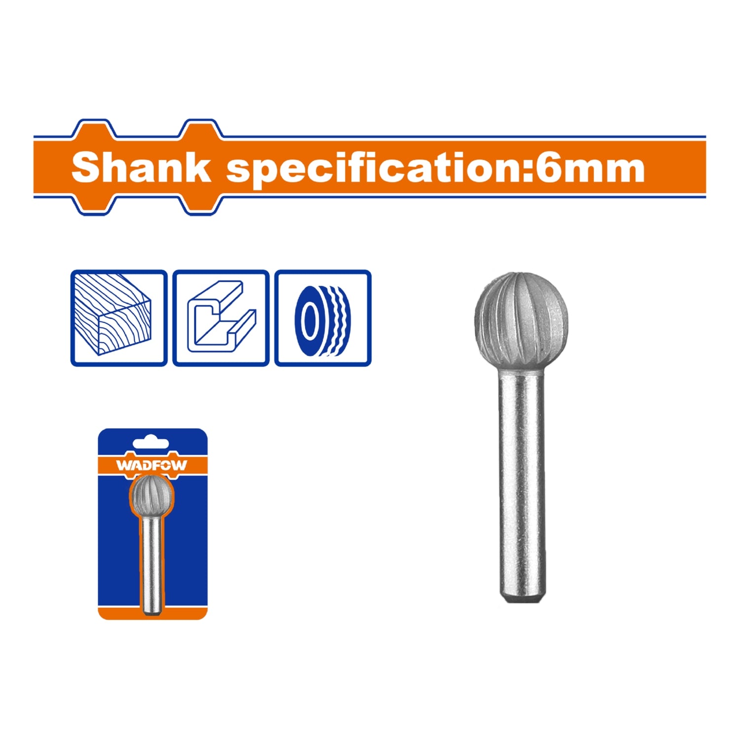 Fresa Lima Rotativa Esférica. Acero al Cromo. Vástago:6mm. Cabeza:13mm. Para motortool.
