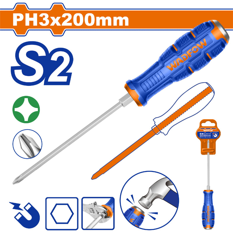 Destornillador Pasante Phillips 8x200mm Material de la hoja: S2 Tipo de punta: Phillips PH3 Magnético.