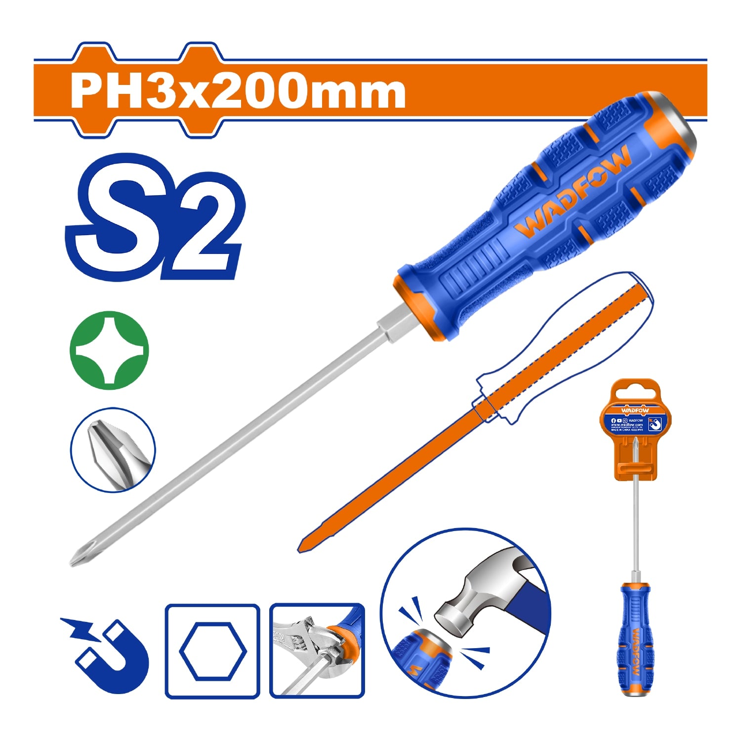 Destornillador Pasante Phillips 8x200mm Material de la hoja: S2 Tipo de punta: Phillips PH3 Magnético.