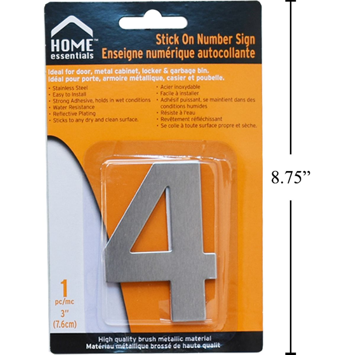 Letrero Señal numérica adhesiva de 3" #4 Acero inoxidable