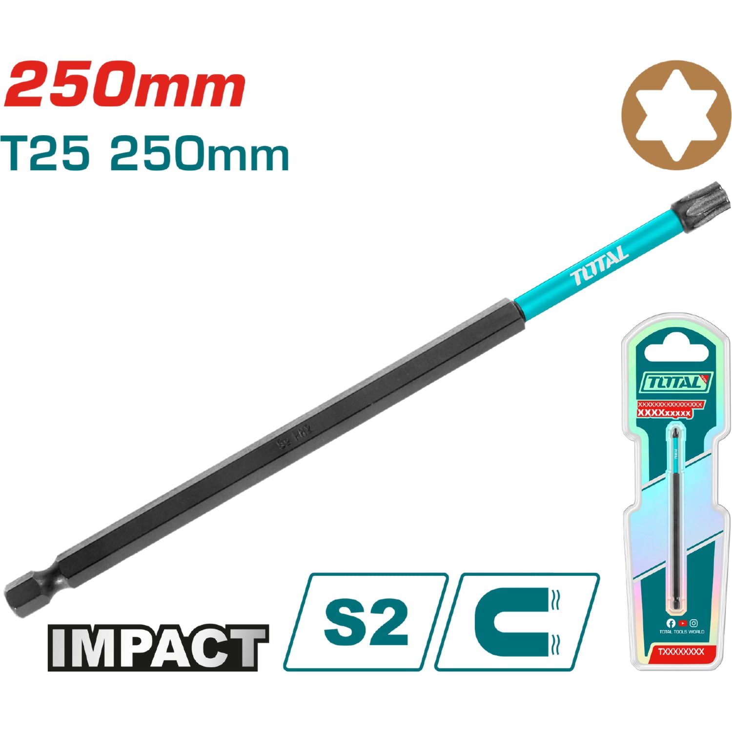 Punta de Destornillador de Impacto T25 250mm Magnético. Tipo Torx larga