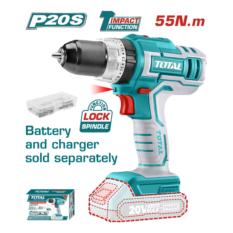 Taladro inalámbrico de 1/2" 20V Función de Impacto. No incluye batería ni cargador.