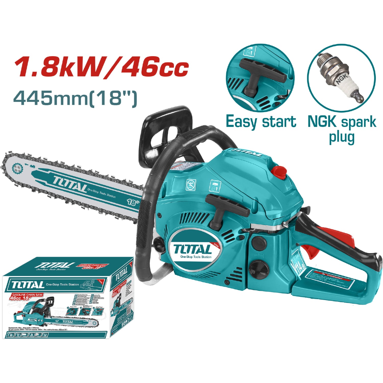 Motosierra 46 cc 1.8 kw. 3100 (+/- 300) rpm. de 18".
