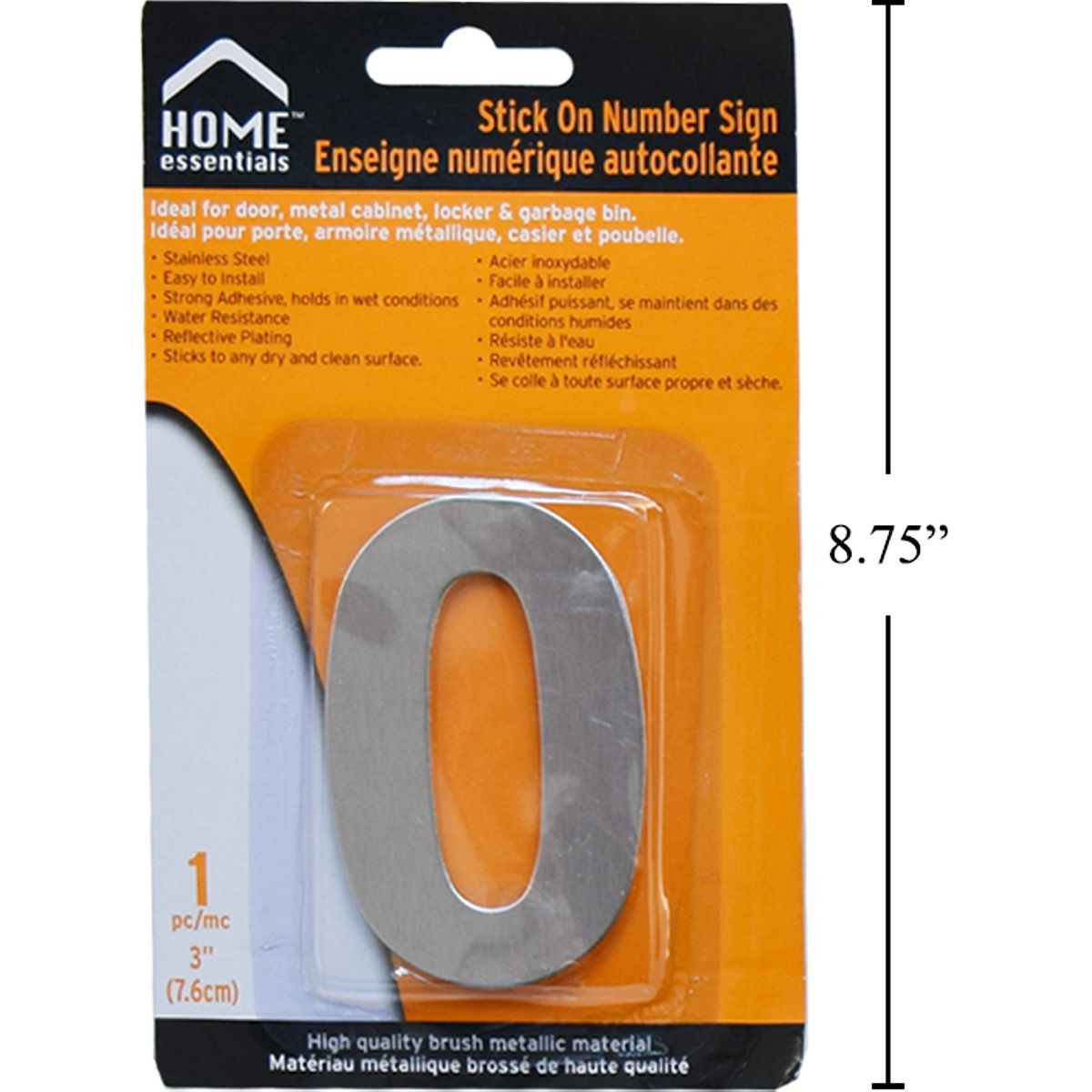 Letrero Señal numérica adhesiva de 3" # 0 Acero inoxidable