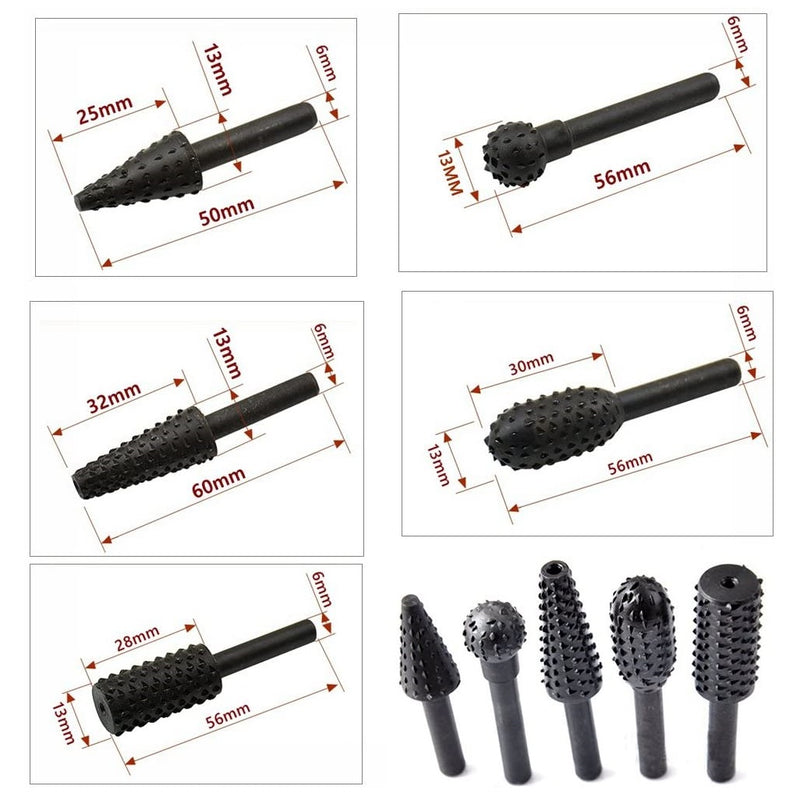 Juego 5 Fresas Limas rotativas de vastago 6mm para MotorTool, Dremel o Taladro para madera.