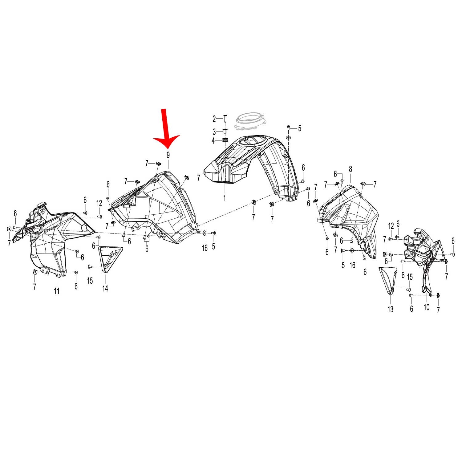Panel derecho del tanque de combustible gris con calcomanias (TRK502X)
