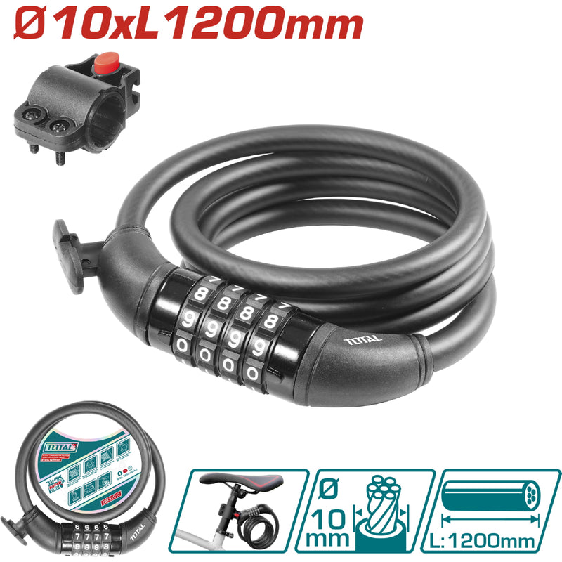 Cadena de seguridad para bicicleta 10 x 1200mm. Combinación de 4 digitos. Incluye porta candado.