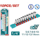 Dados Socket de 1/4" Cr.V 5-14mm Tratamiento térmico Chapado en cromo Set de 10 piezas.
