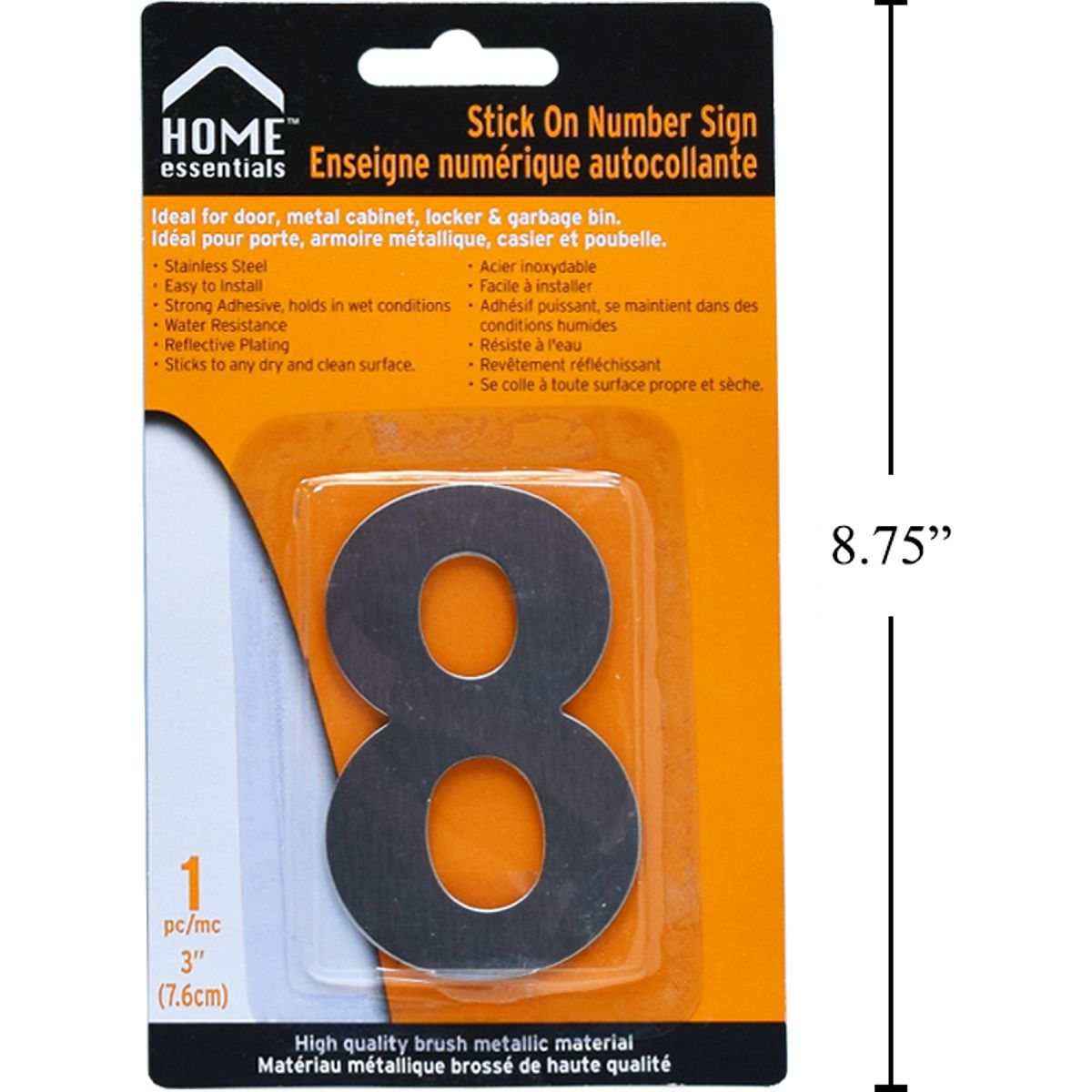 Letrero Señal numérica adhesiva de 3" # 8 Acero inoxidable