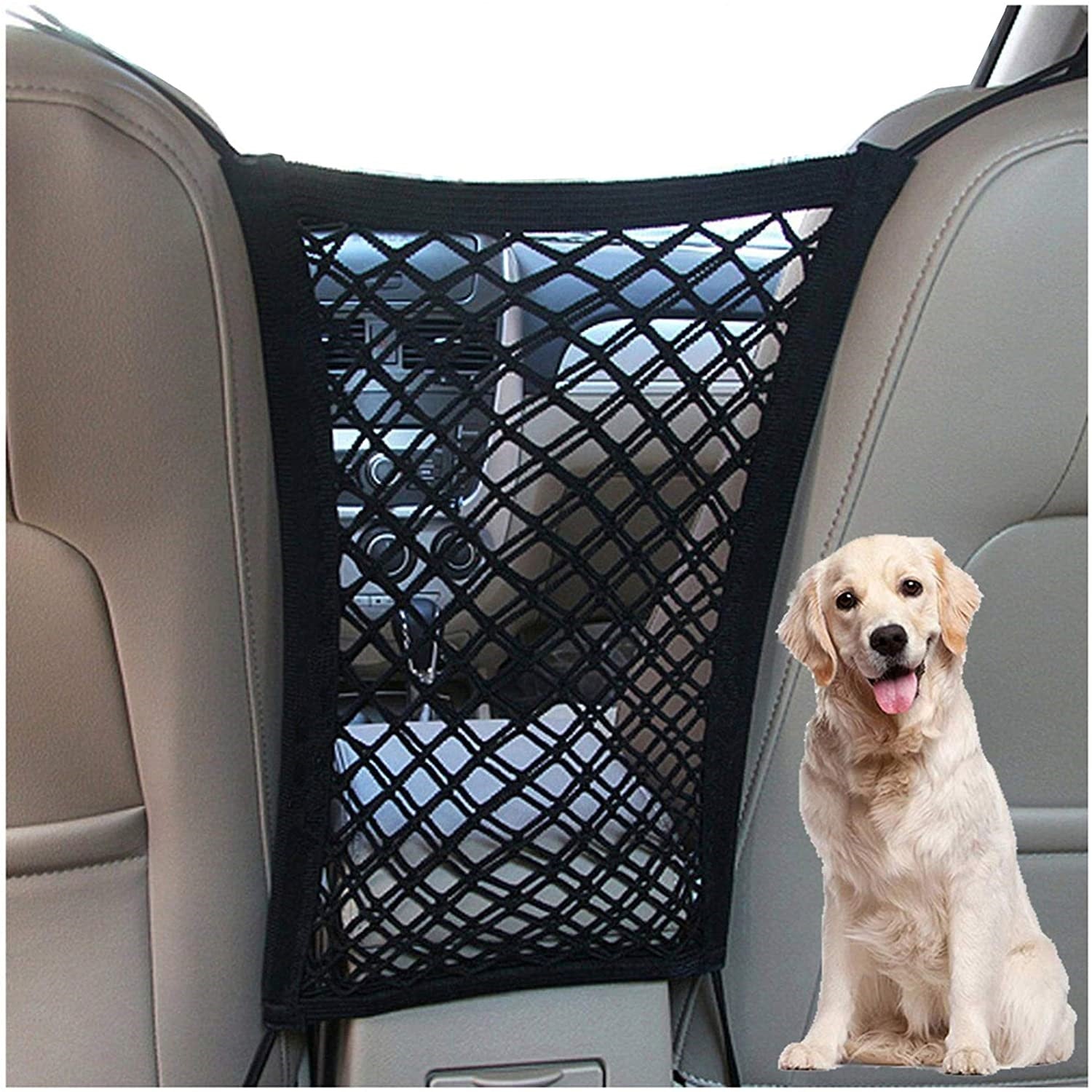 Malla elástica organizadora y barrera de asiento trasero para mascotas y niños.