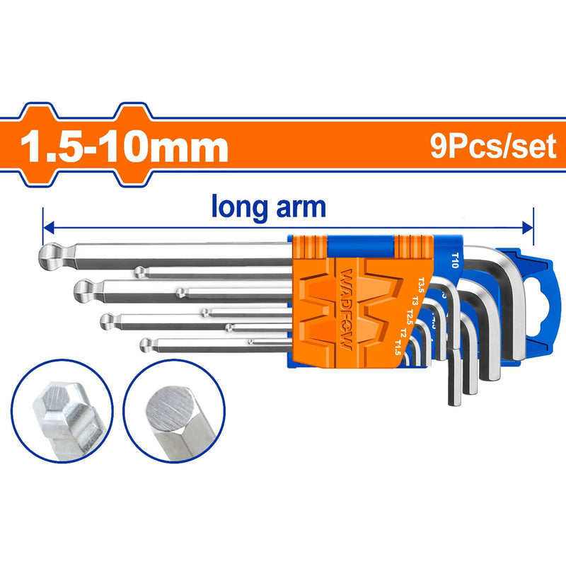 Llaves Hexagonales allen de punta de bola. Brazo largo de 9 pzas. 1.5-10mm. Cr-V (Juego)