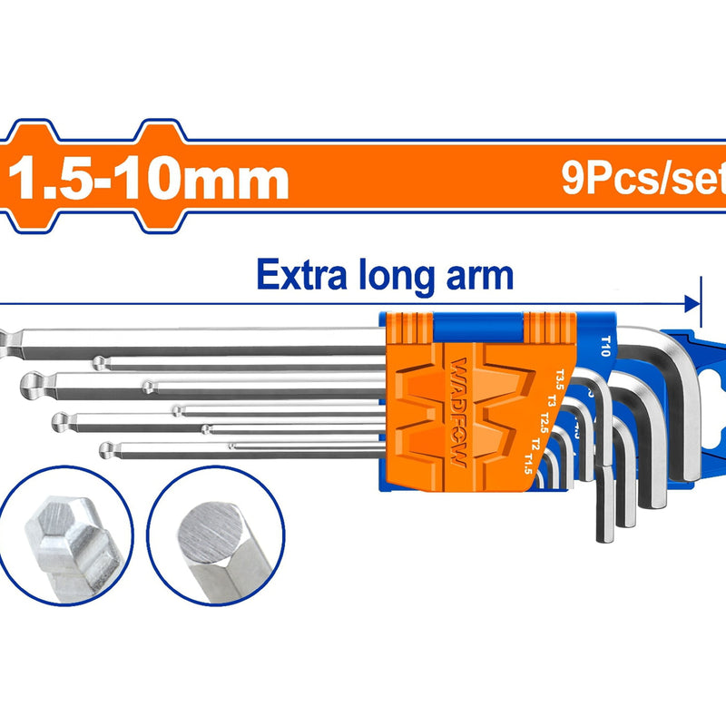 Llaves ALLEN Hexagonales de punta de bola. Brazo extra largo (9 pzas) 1.5-10mm. Cr-V (Juego)