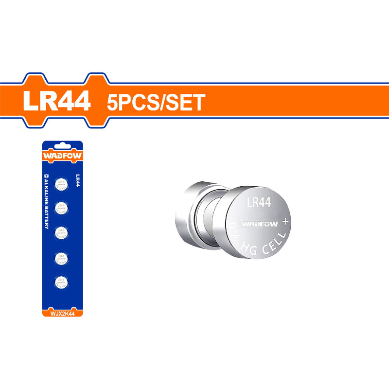 Baterías Alcalinas LR44. Voltaje nominal: 1.5V. Cubierta de PVC. Duración 2 años. 5 piezas.