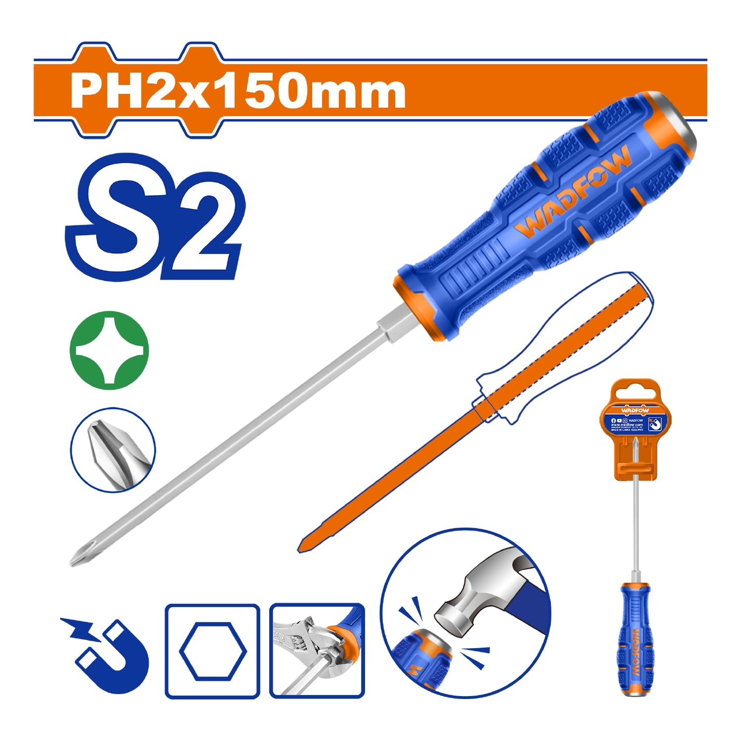 Destornillador Pasante Phillips 6x150mm Material de la hoja: S2 Tipo de punta: Phillips PH2 Magnético.