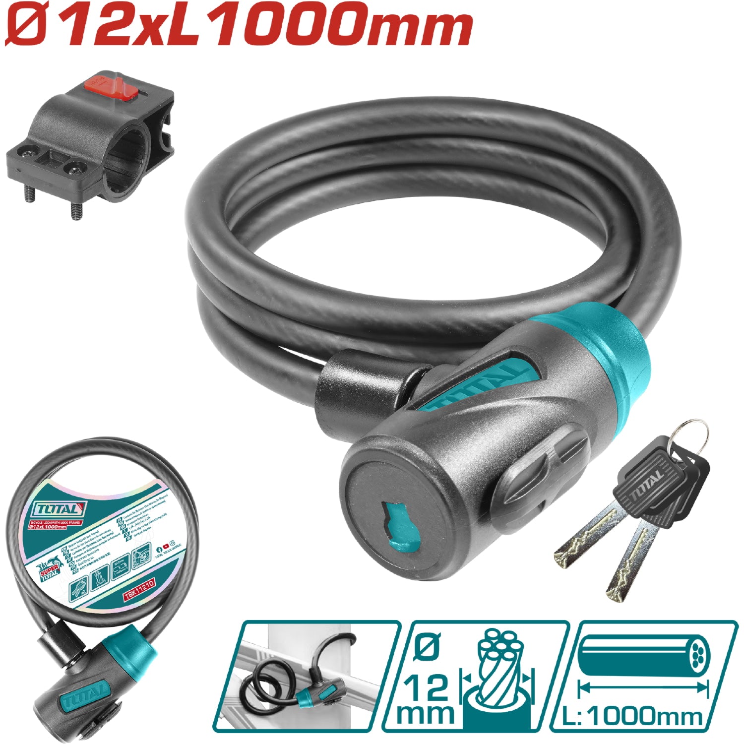 Cadena de seguridad para bicicleta de 12 x 1000mm. PVC. Incluye porta candado y dos llaves.