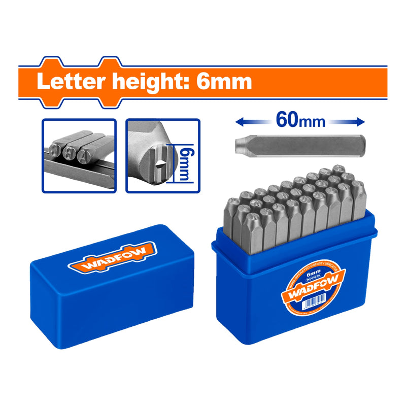 Cinceles de letras Set 27 pzas. Altura de letra: 6mm. Long: 60mm. Ponchador de letras