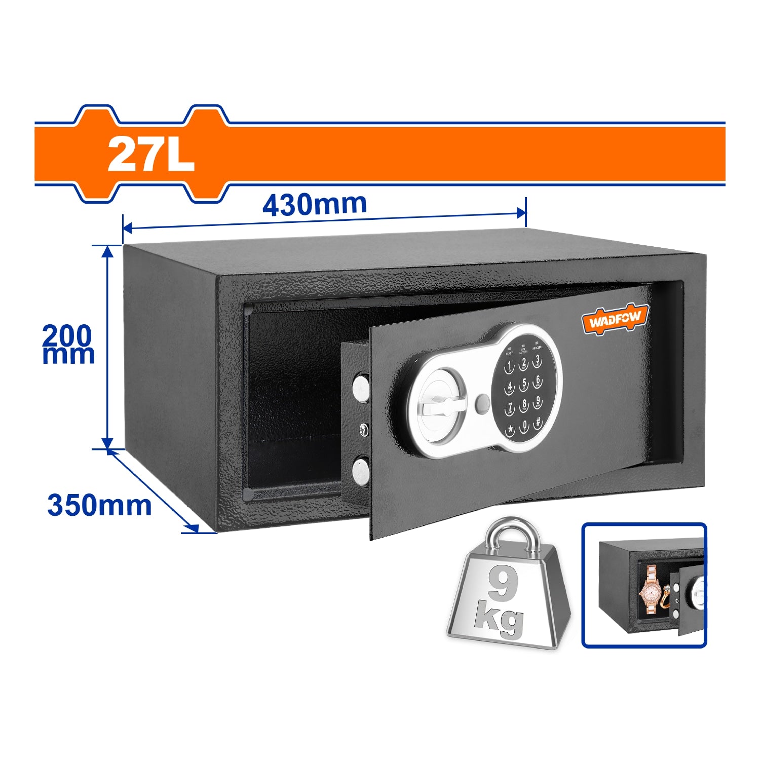 Caja fuerte de seguridad eléctrónica 27L. 200 x 430 x 350mm. Registra 3 a 8 dígitos.