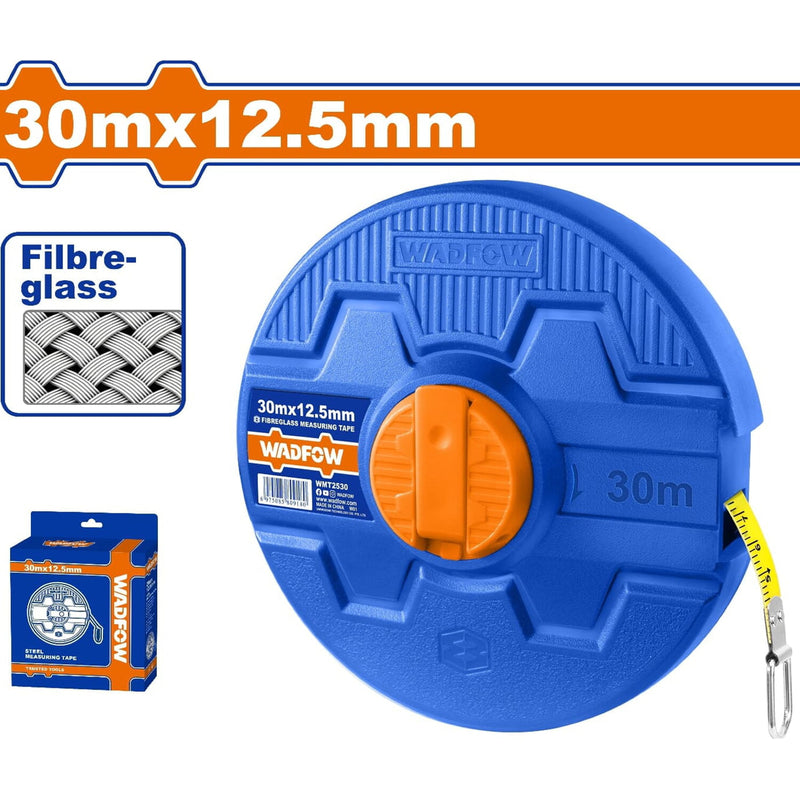 Cinta métrica de Fibra de Vidrio. (Métrico/Pulgada). 30mx12.5mm. Retráctil.