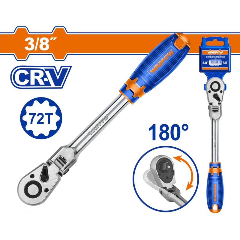 Ratchet de Cabeza Flexible 3/8". Cr-V.72 dientes. Rota 180º. Long: 250mm. Térmico. Cromado.