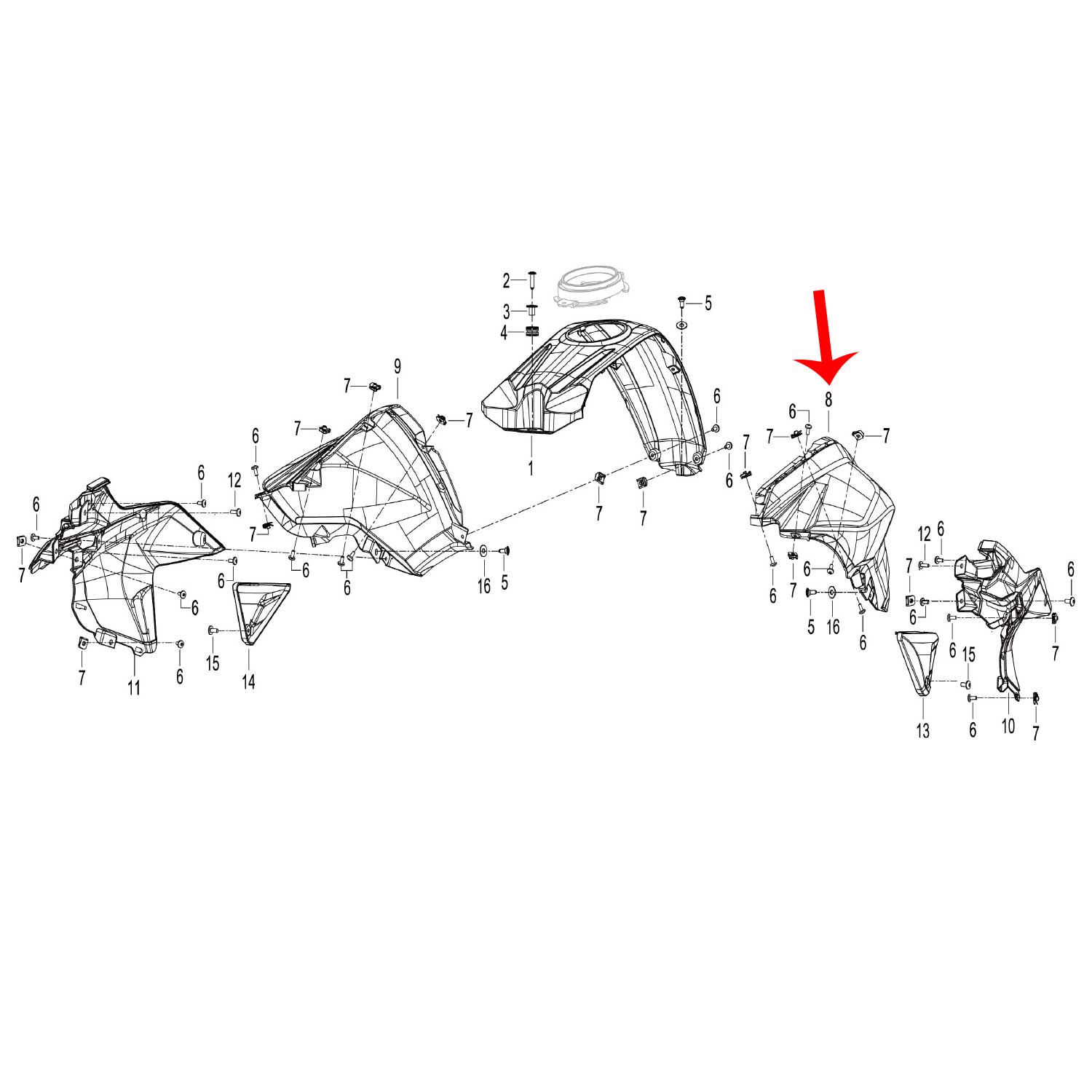 Panel izquierdo del tanque de combustible gris con calcomanias (TRK502X)
