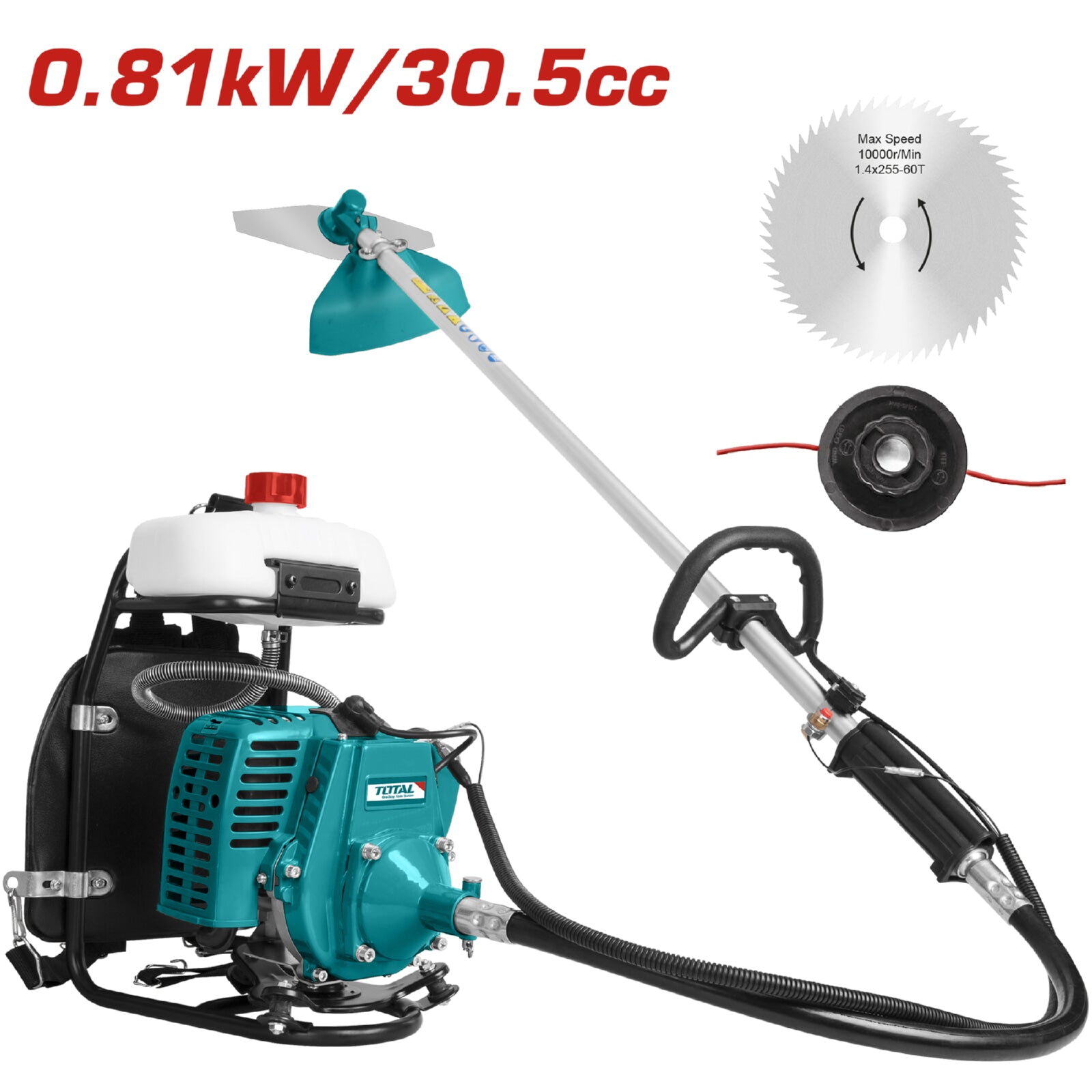Desmalezadora wira de espalda mochila Motor 2 Tiempos  Gasolina 0.81 KW (0.60HP) 30.5cc