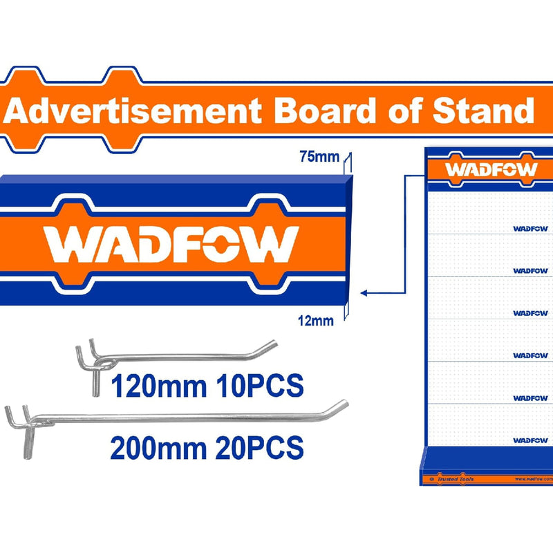 Letrero de Exhibidor Wadfow con Ganchos. Medidas: Letrero 88cm x 31cm. Ganchos 120mm y 200mm.